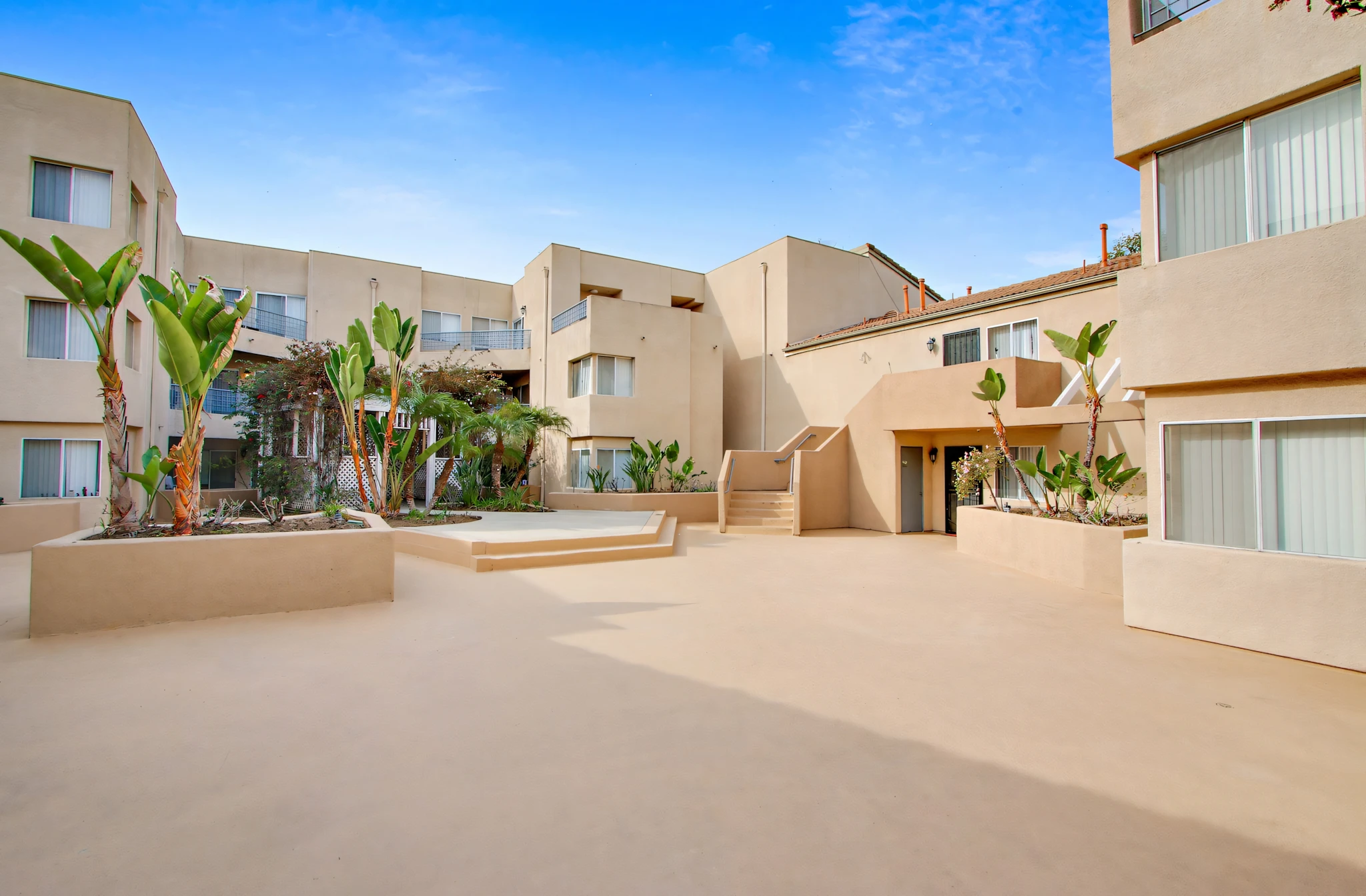Paramount Terrace property entrance sign and palm tree landscaping