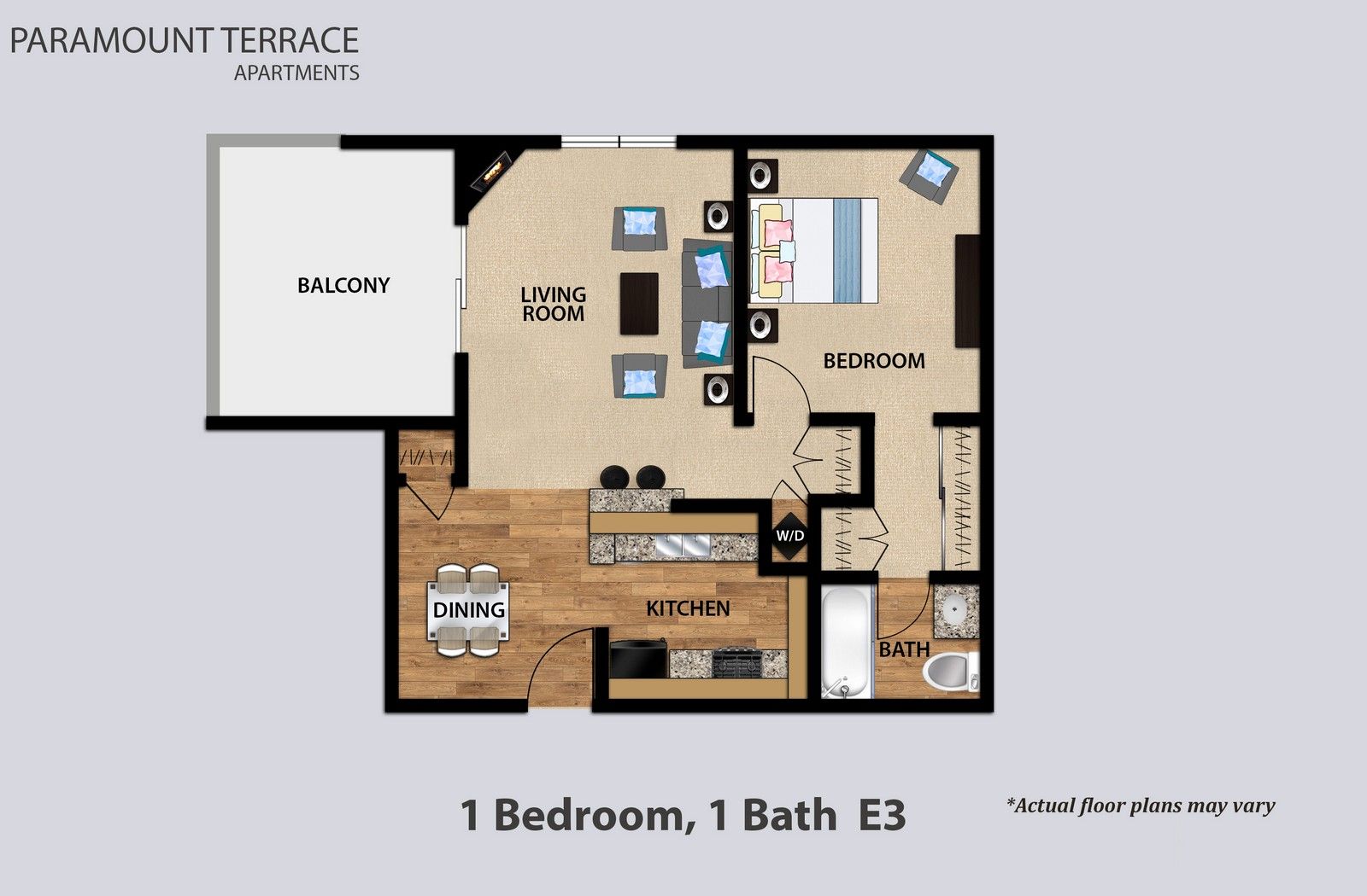 1 Bedroom 1 Bath Floorplan E3