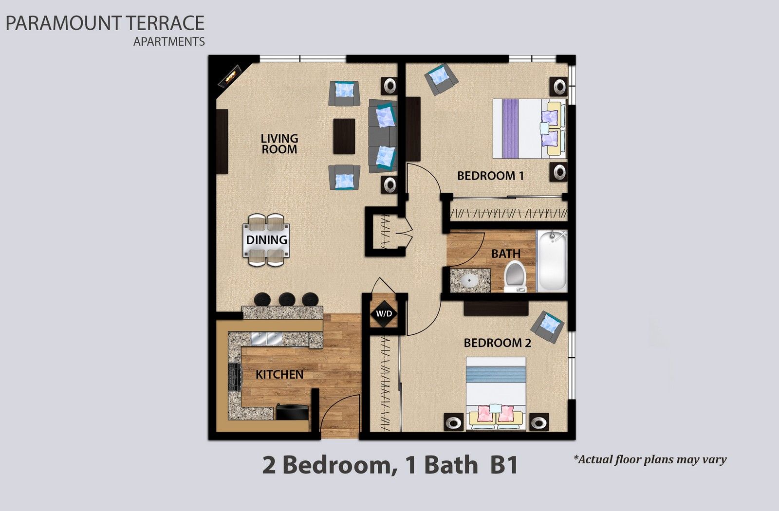 2 Bedroom 1 Bath Floorplan B1
