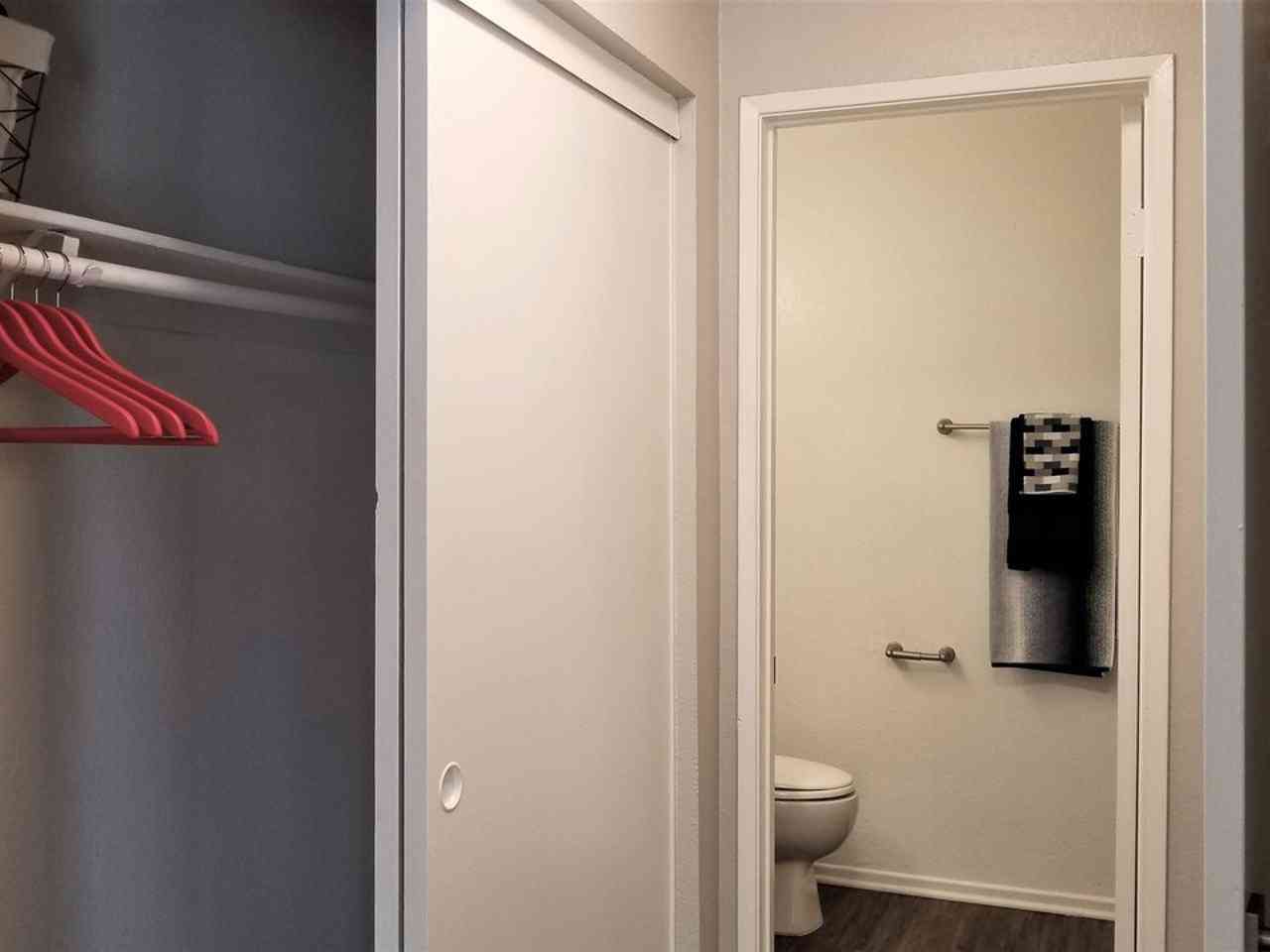spacious bedroom closet and bathroom entrance